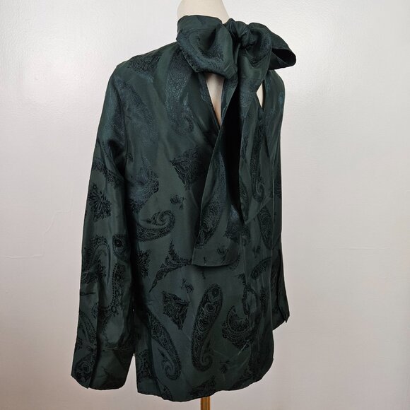 COS Jacquard Bow Back Silky‎ Blouse Sz 4 Dark Green Shirt Relaxed Long Sleeve - Picture 7 of 13